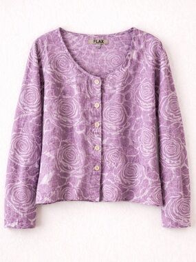 FLAX Linen Purple Floral Button Front Blouse Relaxed Fit Top